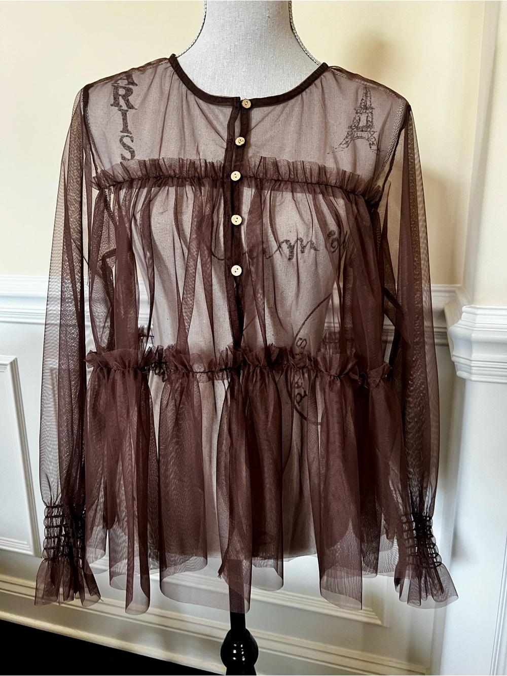 Sheer Brown Tulle Smock Style Ruffled Long-Sleeve Women's Top.